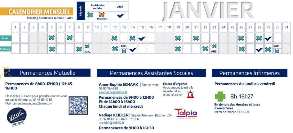 Calendrier des assistantes sociales et VITALI de janvier