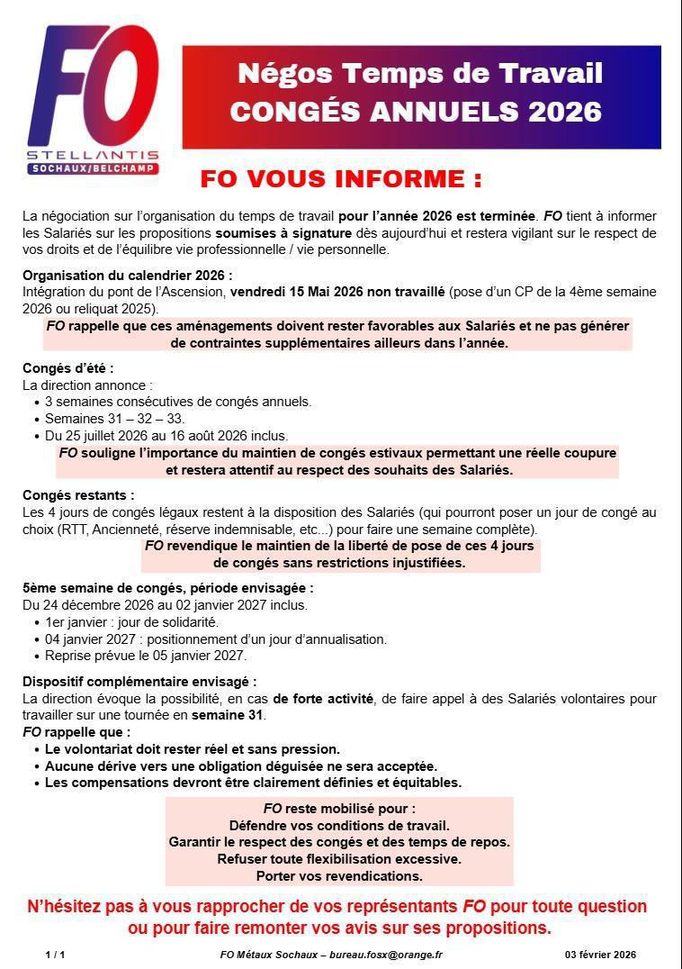 SX/BP. Négociation temps de travail et congés 2026