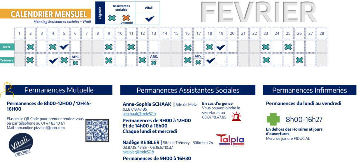 Calendrier des assistantes sociales et VITALI de février
