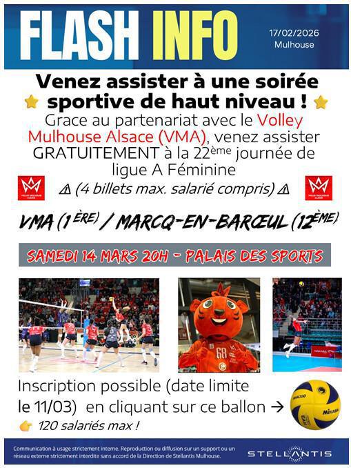MU: GRATUIT Inscrivez vous pour le VOLLEY BALL MULHOUSE SAMEDI 14 MARS