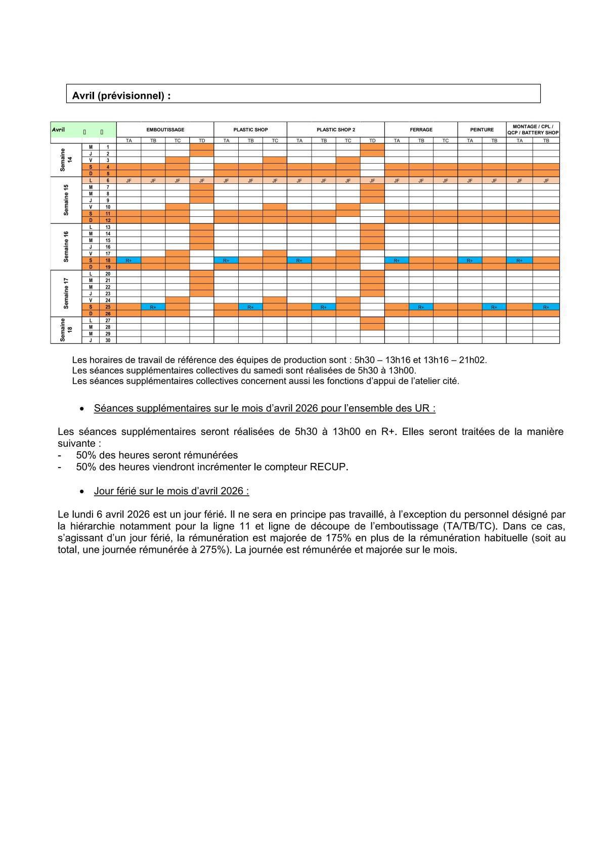RENNES CALENDRIER DE TRAVAIL MARS PRÉVISIONS AVRIL ET MAI