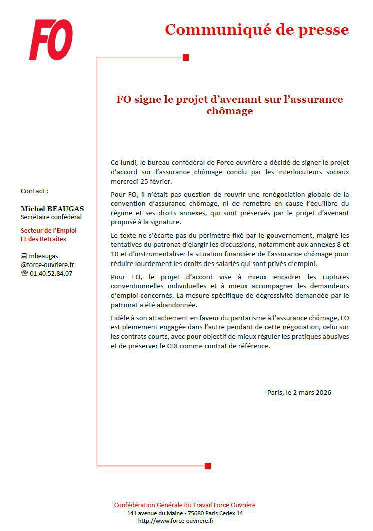 FO signe le projet d'avenant sur l'assurance chômage