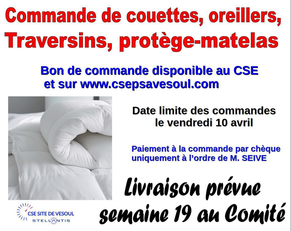 Commande de couettes, oreillers, traversins, protège-matelas Commande de couettes, oreillers, traversins, protège-matelas