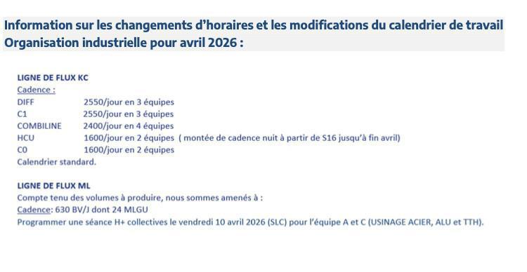 Calendrier de travail AVRIL