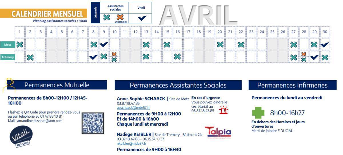 Calendrier des assistantes sociales et VITALI de avril