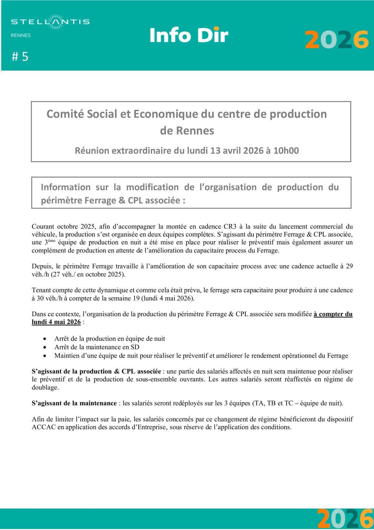 Comité Social et Economique du centre de production de Rennes Réunion extraordinaire du lundi 13 avril 2026 à 10h00