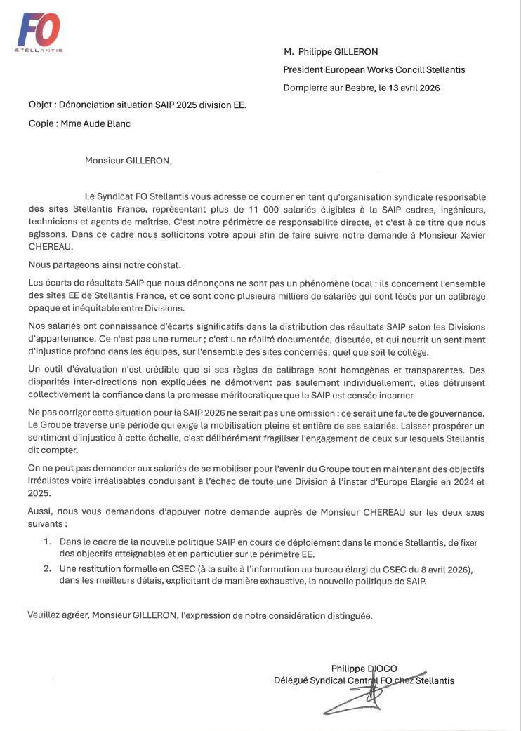 SITUATION SAIP 2025 PERIMETRE EE : FO SOLLICITE LE PRESIDENT DU COMITE DE GROUPE EUROPEEN 