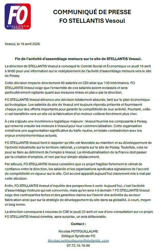 CP FO STELLANTIS Vesoul - Fin de l’activité d’assemblage moteurs sur le site de STELLANTIS Vesoul CP FO STELLANTIS Vesoul - Fin de l’activité d’assemblage moteurs sur le site de STELLANTIS Vesoul