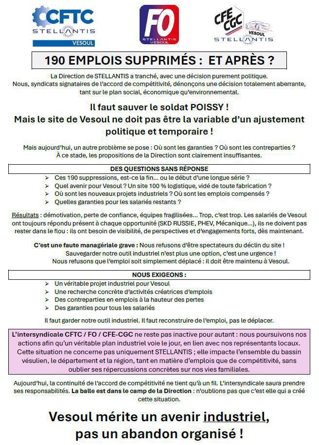 Intersyndicale CFTC / FO / CFE-CGC Vesoul : 190 EMPLOIS SUPPRIMÉS : ET APRÈS ?