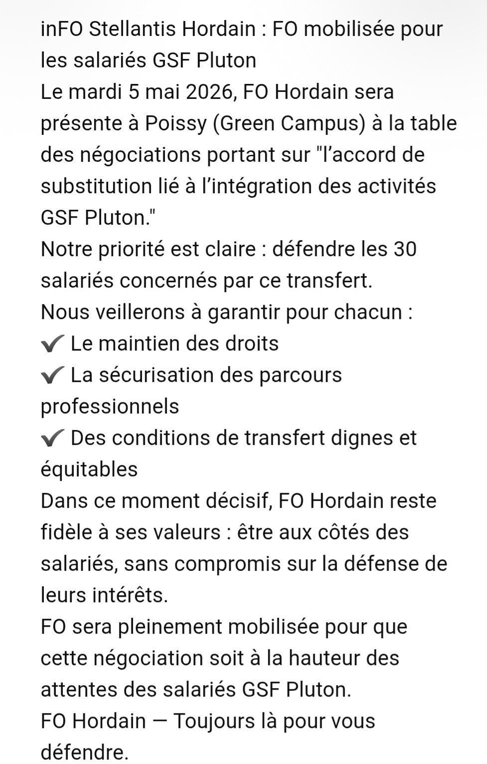 FO Hordain à la table des Négociations pour GSF Pluton