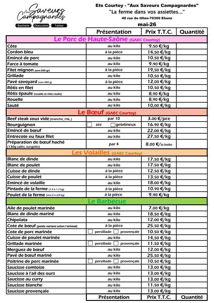 Commande "AUX SAVEURS CAMPAGNARDES" (boucherie à Ehuns) Commande "AUX SAVEURS CAMPAGNARDES" (boucherie à Ehuns)