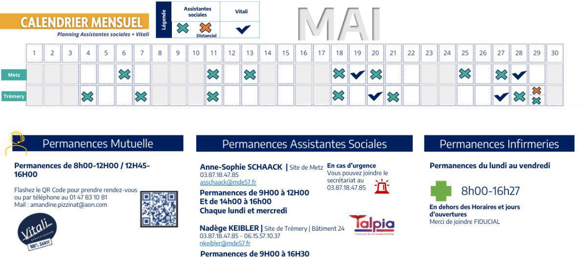 Calendrier des assistantes sociales et VITALI de mai