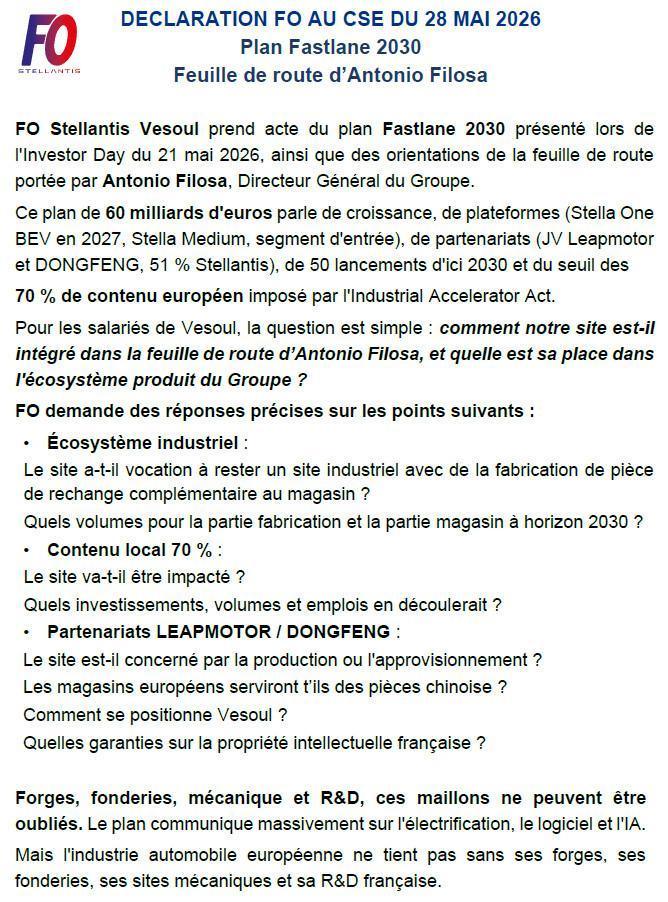 Délaration FO au CSE de mai