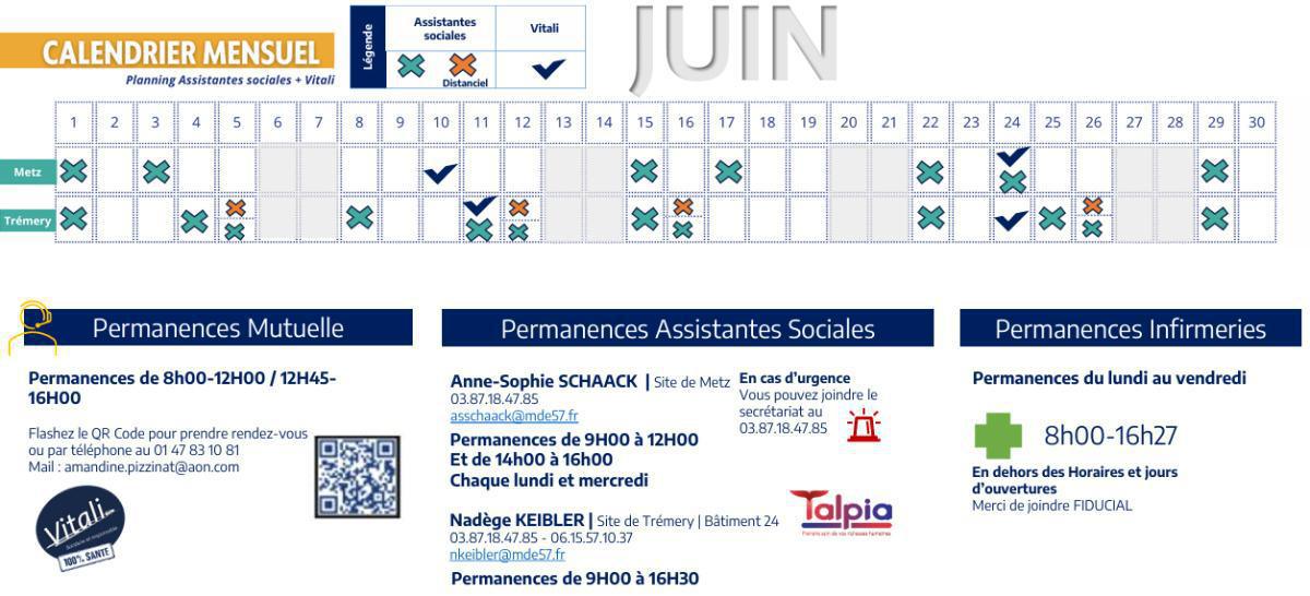 Calendrier des assistantes sociales et VITALI de juin