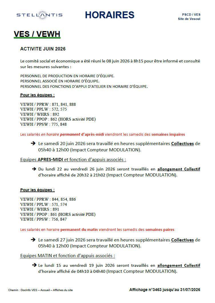 Horaires affichés Juin