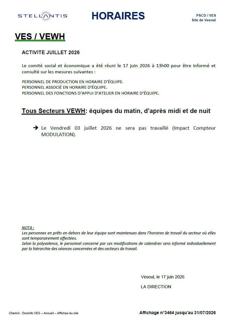 Horaires affichées H- le vendredi 3 juillet