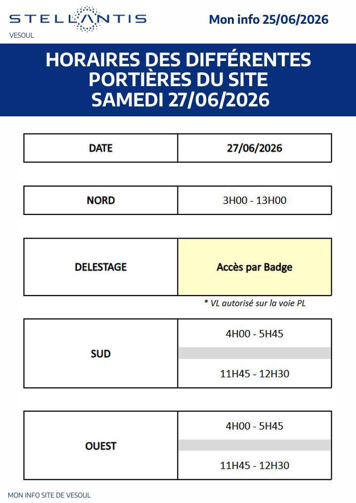 Horaires portières du site Samedi 27 juin