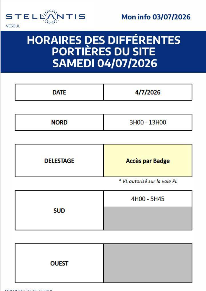 Horaires des portières du site samedi 4 juillet
