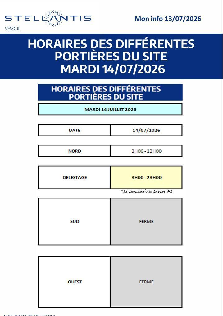 Horaires portières du site, mardi 14 juillet