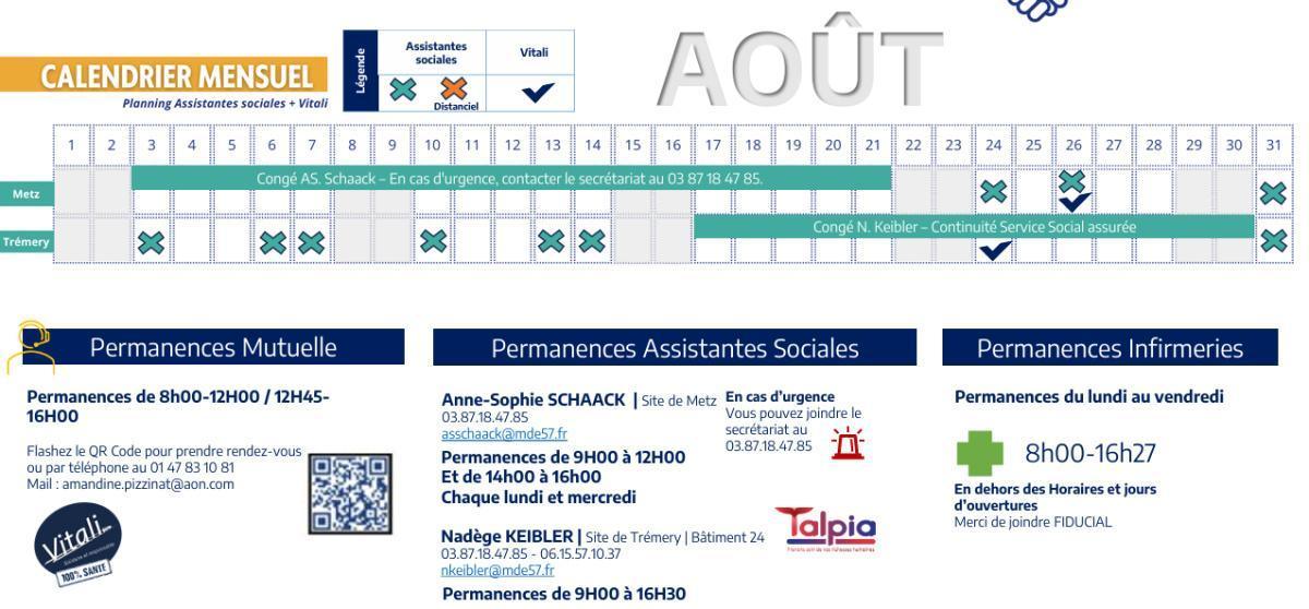 Calendrier des assistantes sociales et VITALI d'AOUT