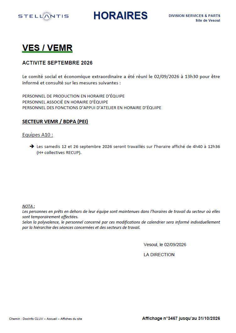 Horaires affichés septembre VEMR et VEWH