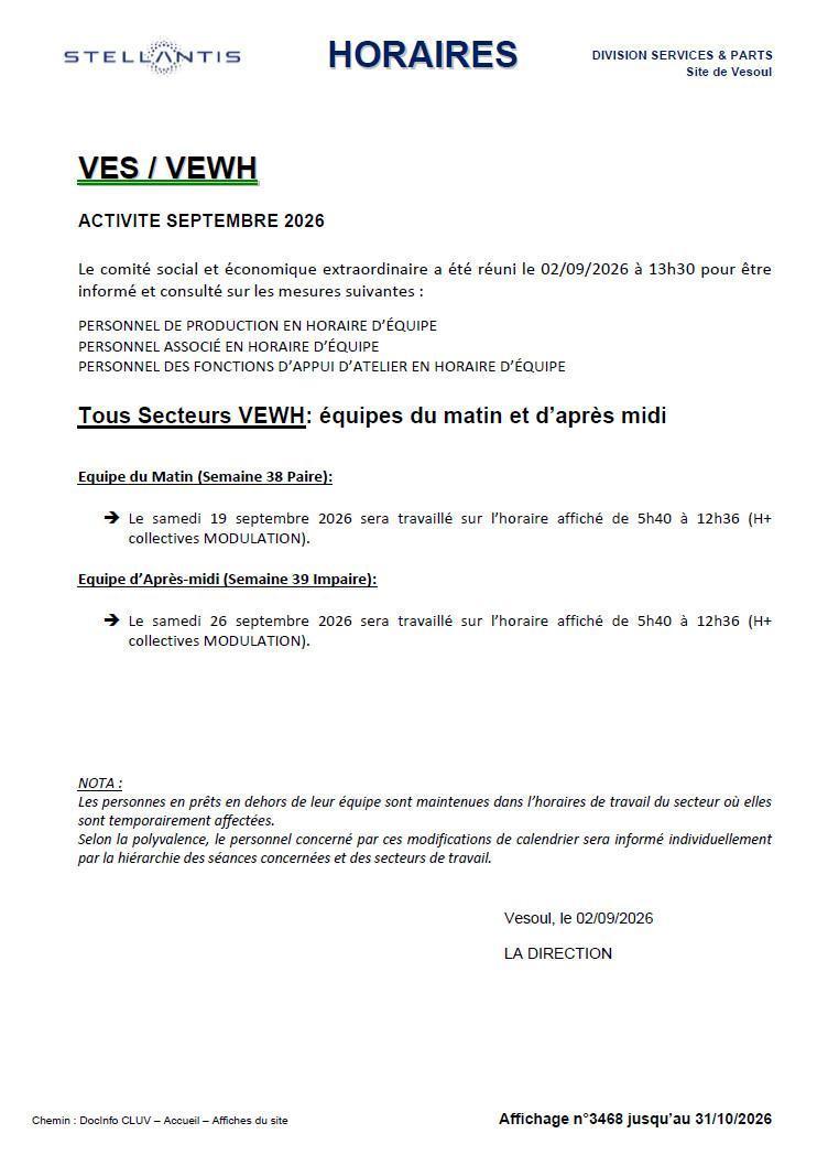 Horaires affichés septembre VEMR et VEWH