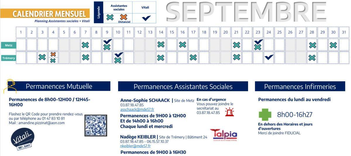 Calendrier des assistantes sociales et VITALI de SEPTEMBRE