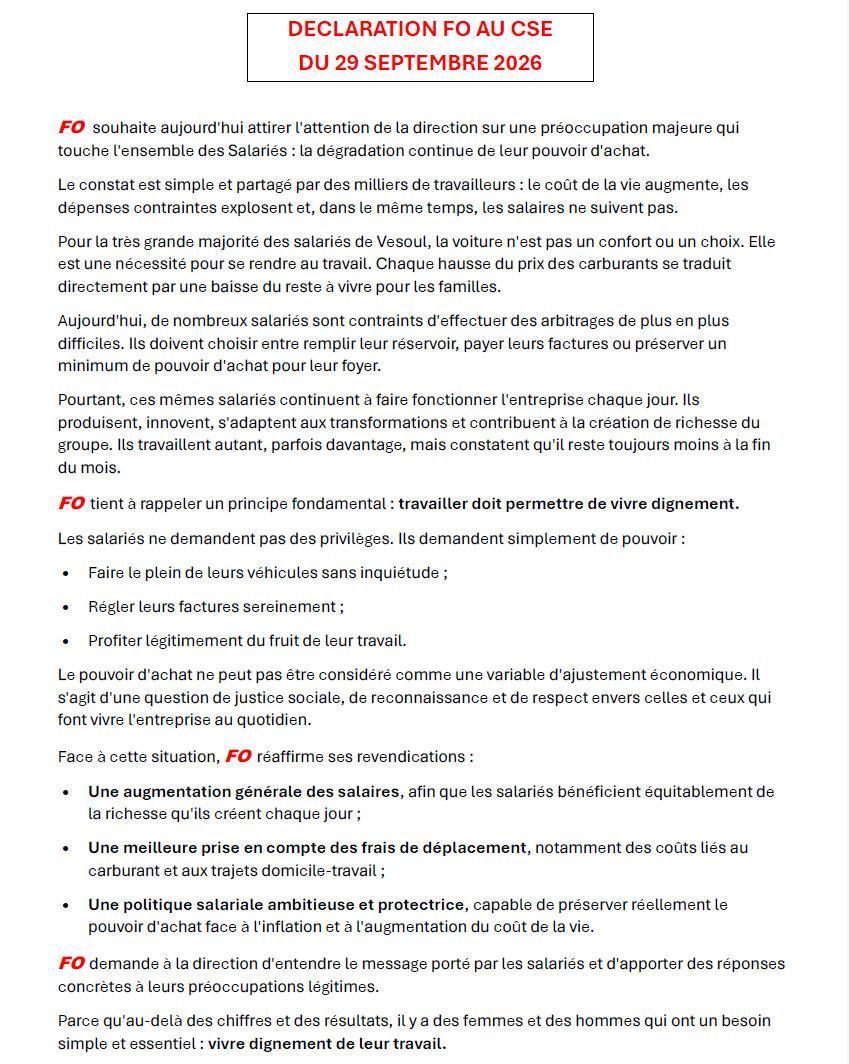 Déclaration FO au CSE du 29 Septembre 2026