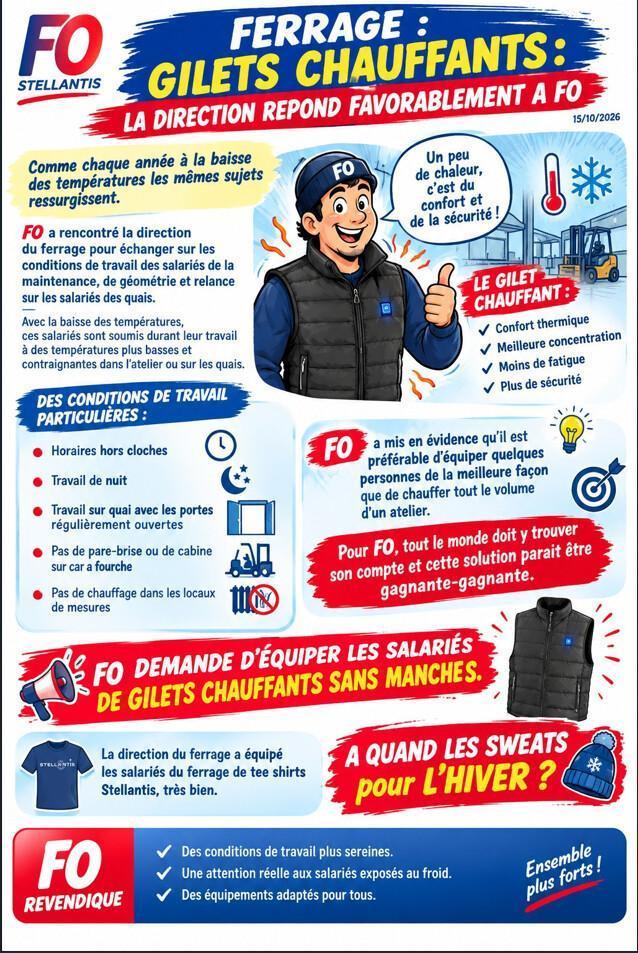MU: FERRAGE - GILETS CHAUFFANTS - LA DIRECTION REPOND FAVORABLEMENT A FO