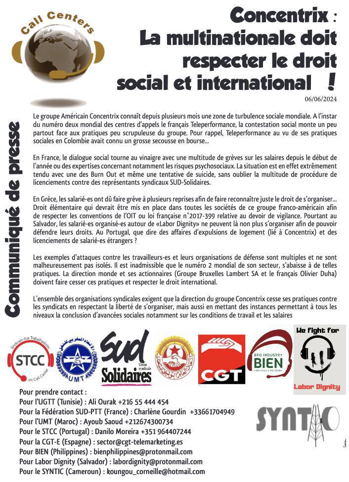Concentrix : La multinationale doit respecter le droit social et international ! Concentrix : La multinationale doit respecter le droit social et international !