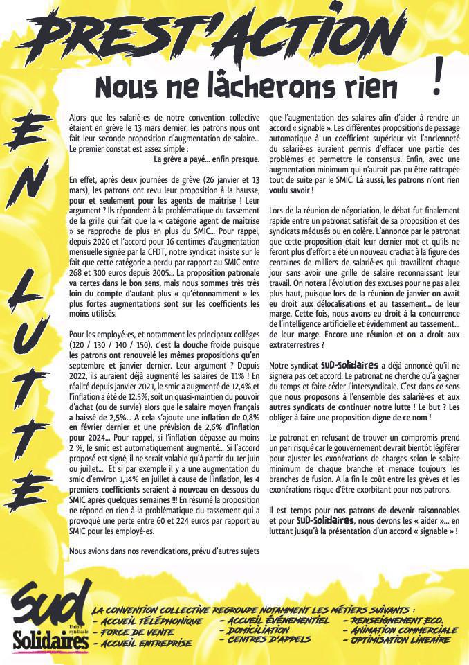 Prest’Action mars 2024 - Nous ne lâcherons rien ! Prest’Action mars 2024 - Nous ne lâcherons rien !