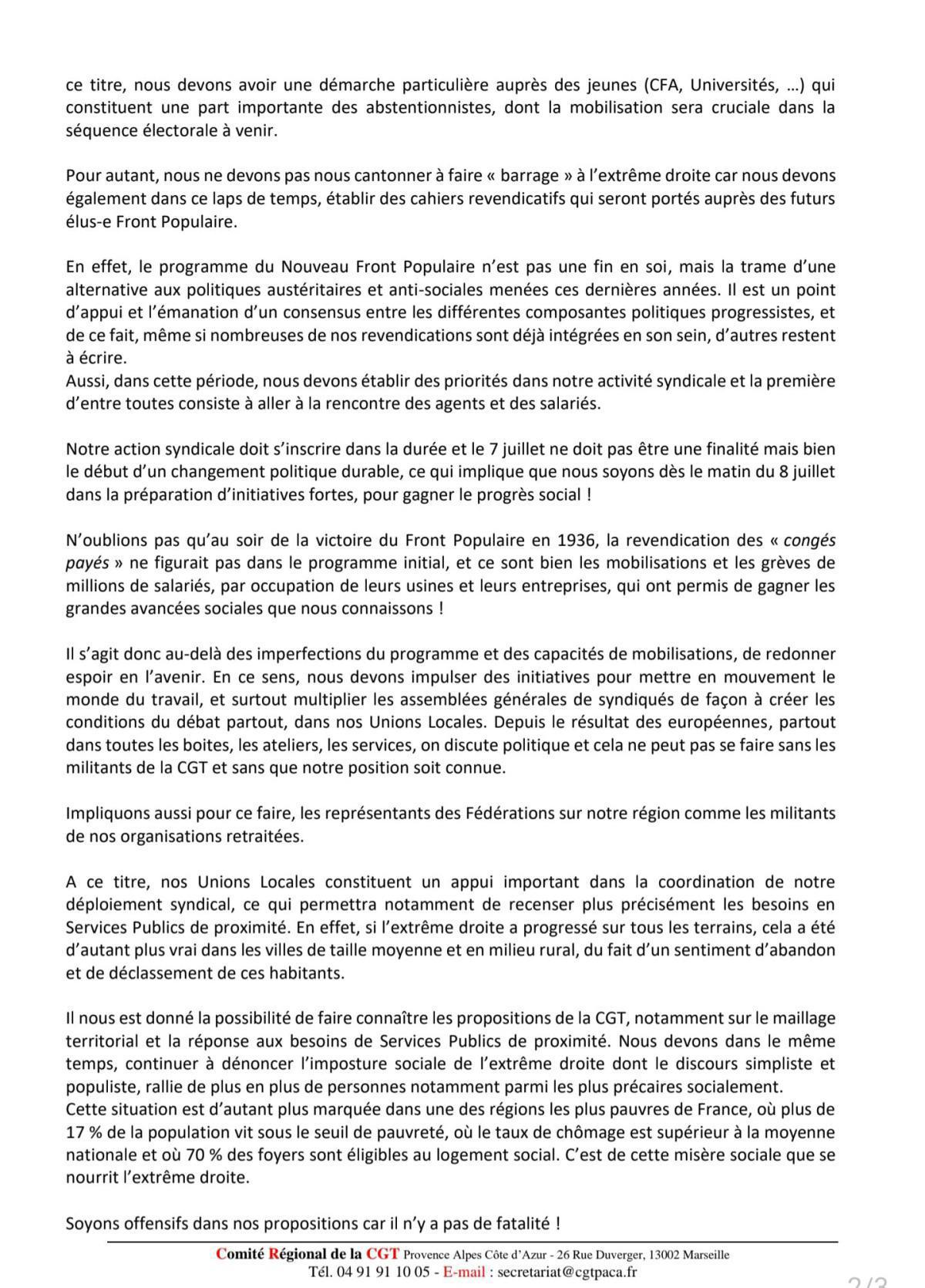 Lettre des six Secrétaires Généraux des Unions Départementales et du Secrétaire régional de la région PACA