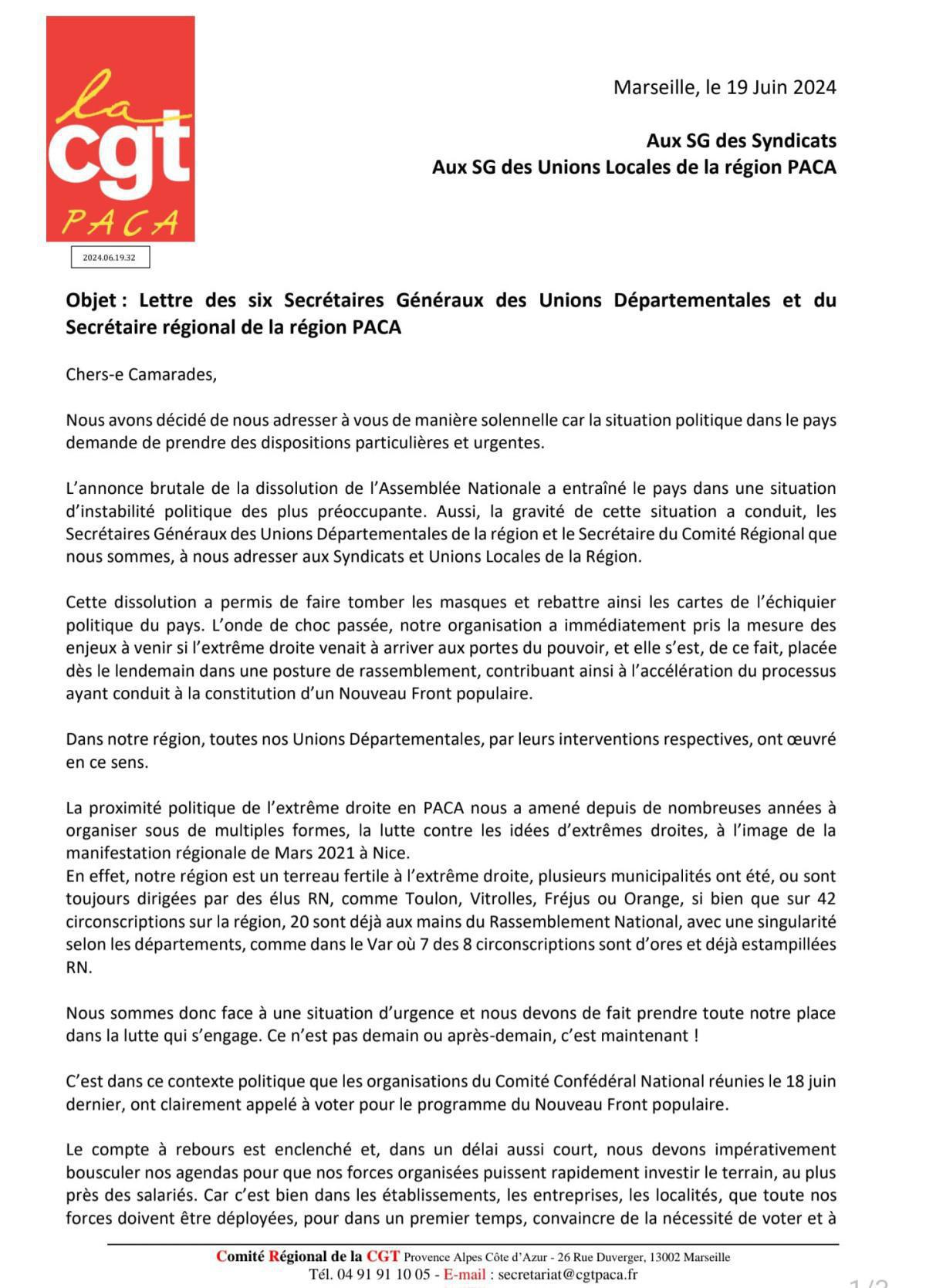 Lettre des six Secrétaires Généraux des Unions Départementales et du Secrétaire régional de la région PACA