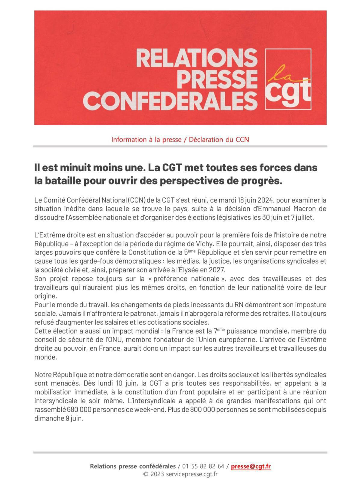 Déclaration du Comité Confédéral National du 18 juin 2024