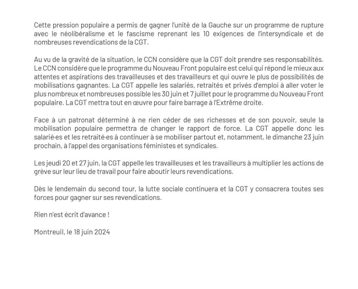 Déclaration du Comité Confédéral National du 18 juin 2024