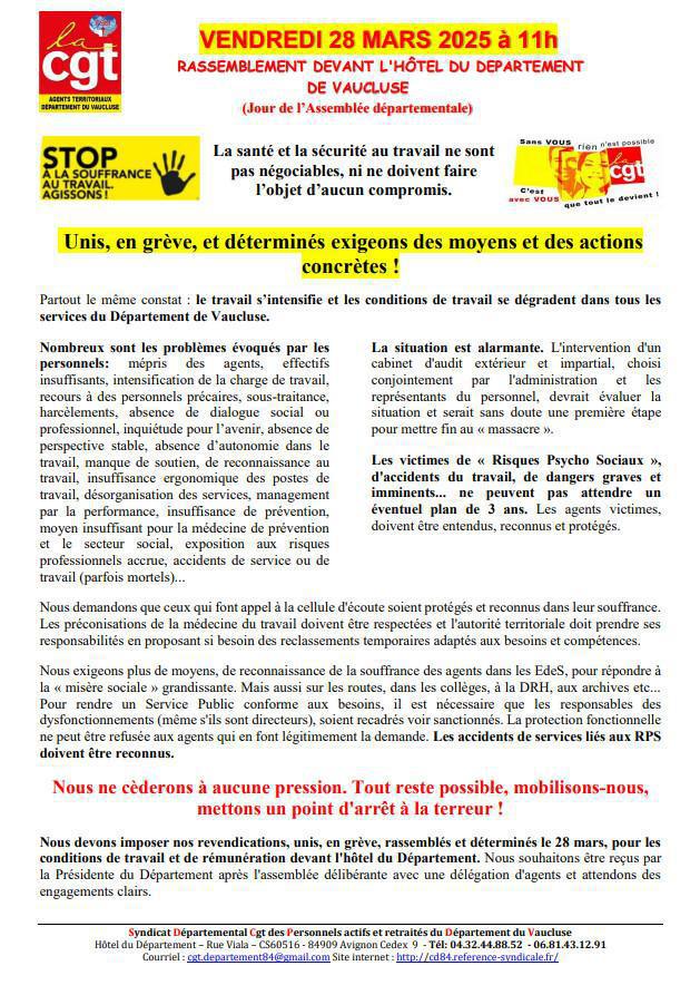Rassemblement devant le conseil départemental 84 - 28 mars 2025 dès 10h30 Rassemblement devant le conseil départemental 84 - 28 mars 2025 dès 10h30
