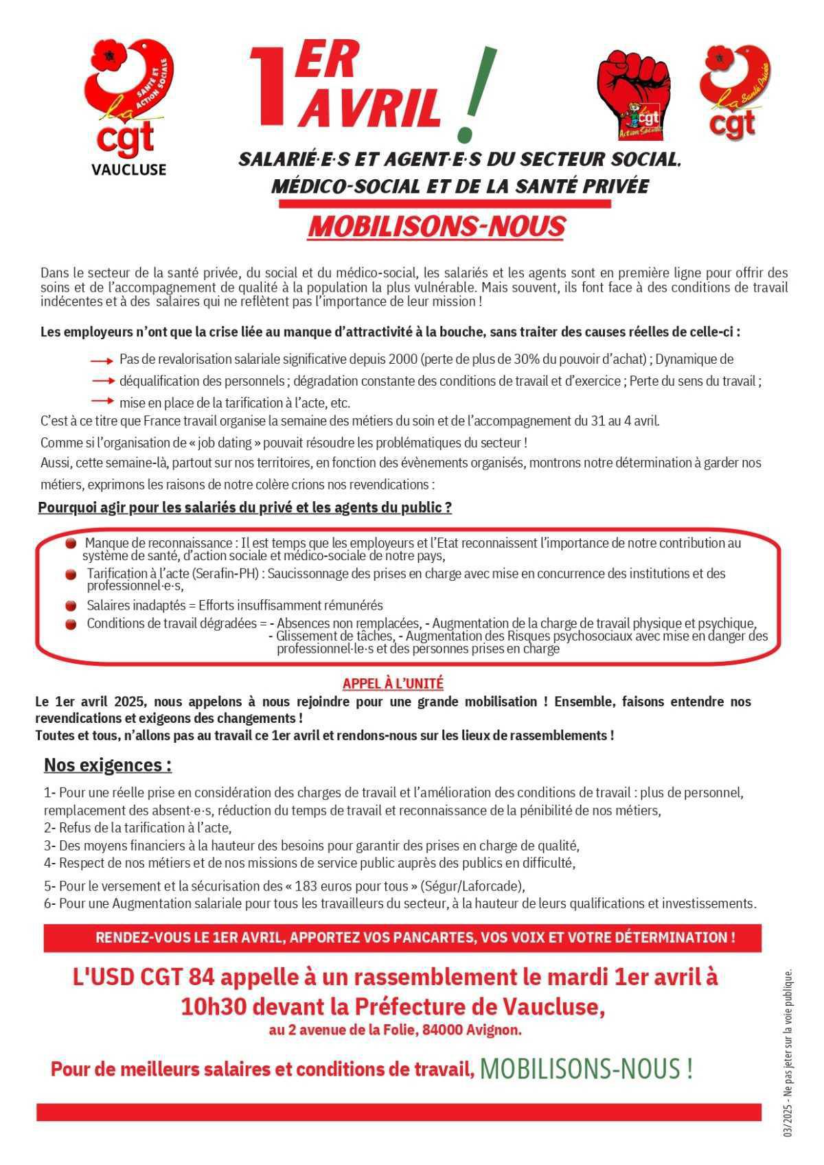 1er Avril mobilisation des salarié.es et des agent.es du secteur social, médico-social et de la santé privéee
