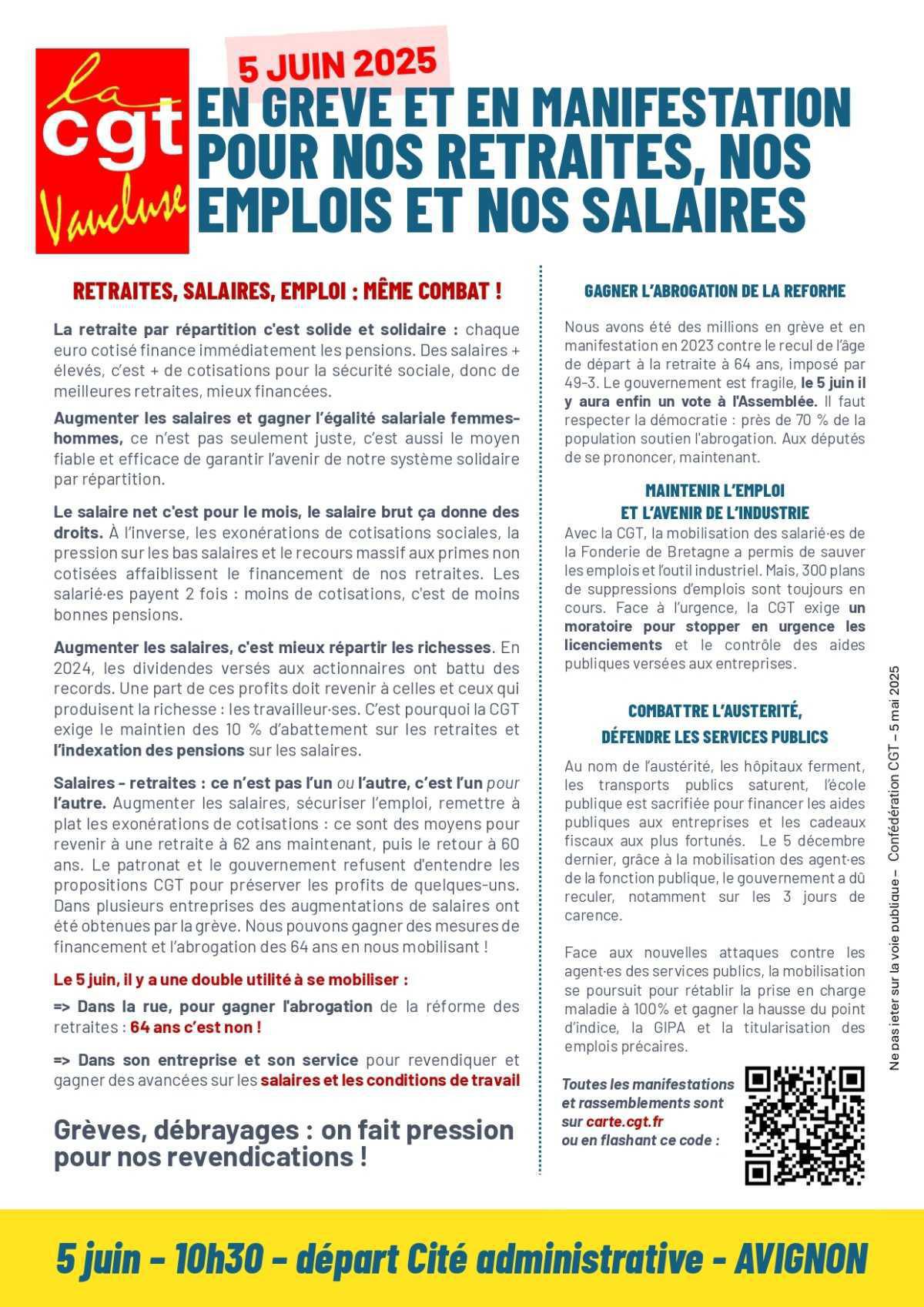 Mobilisation contre la réforme des retraites le 5 juin partout en France pour nos retraites, nos emplois et nos salaires