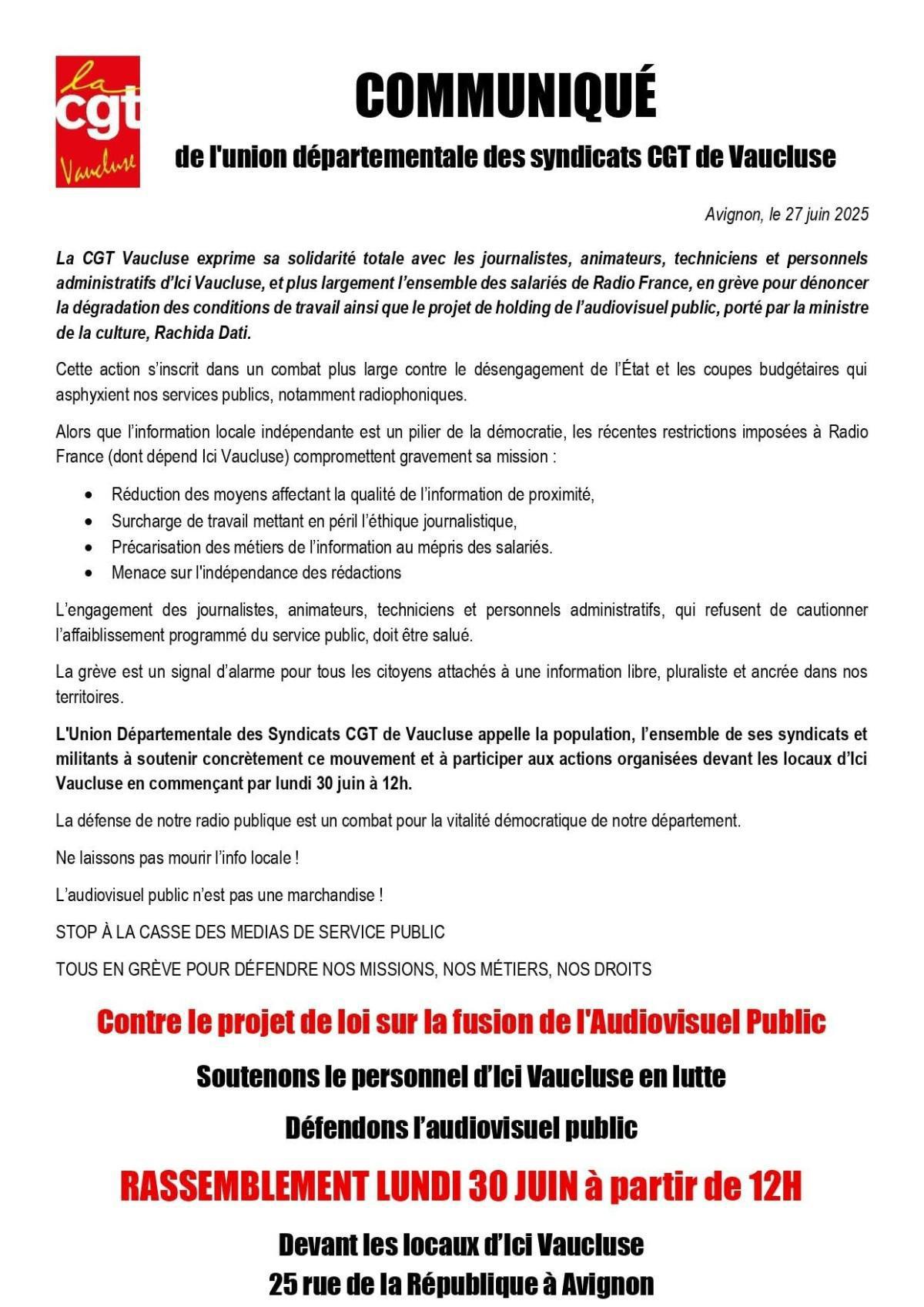 RASSEMBLEMENT CE LUNDI 30 JUIN à partir de 12H Devant les locaux d’Ici Vaucluse 25 rue de la République à Avignon 