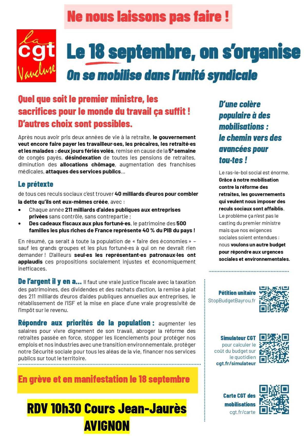 Le 18 septembre,rendez-vous à 10h30 Cours Jean-Jaurès - AVIGNON