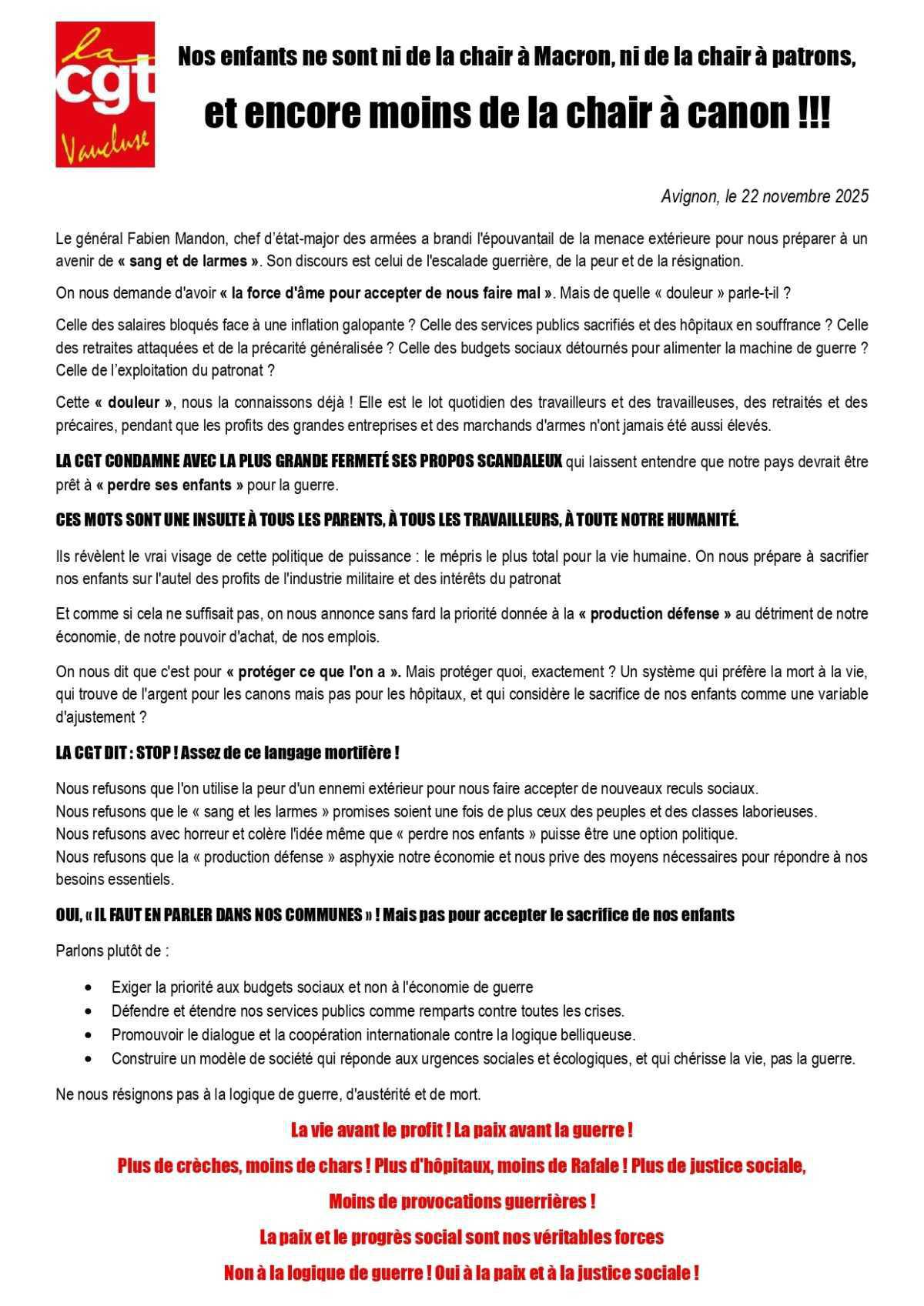 Communiqué de l'Union Départementale des syndicats CGT de Vaucluse