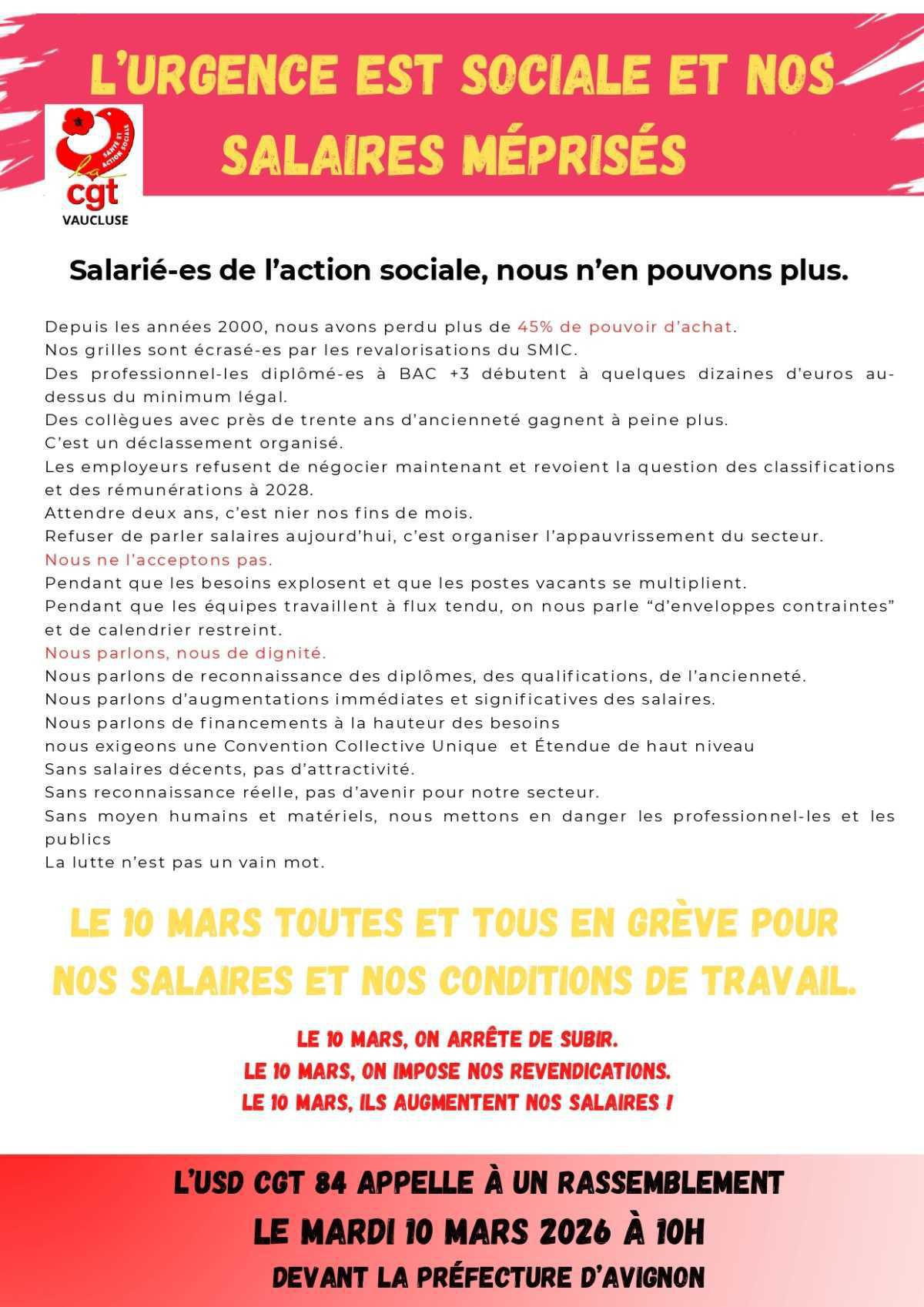 L'urgence est sociale et nos salaires méprisés - Rassemblement Mardi 10 mars à 10h - Préfecture d'Avignon