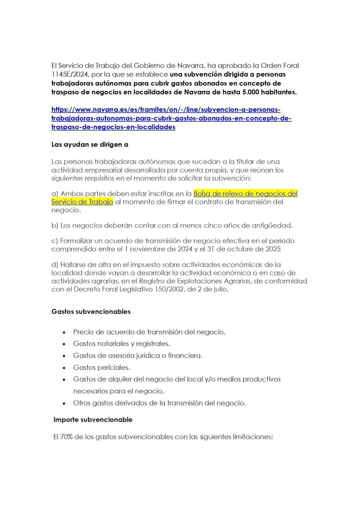 Subvención para el Traspaso de Negocios en Localidades de Navarra: Apoyo a Autónomos