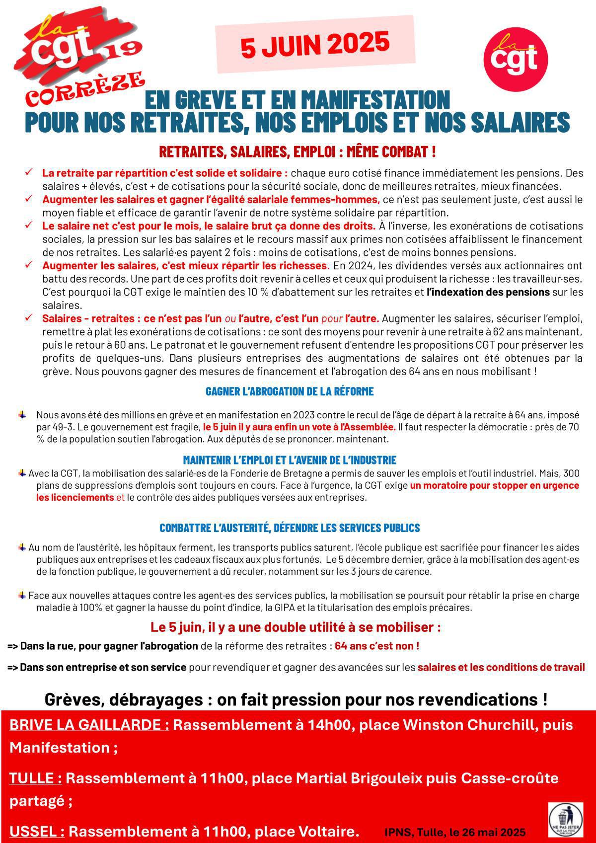 5 juin 2025 : Grèves et manifestations pour nos retraites, nos emplois, nos salaires