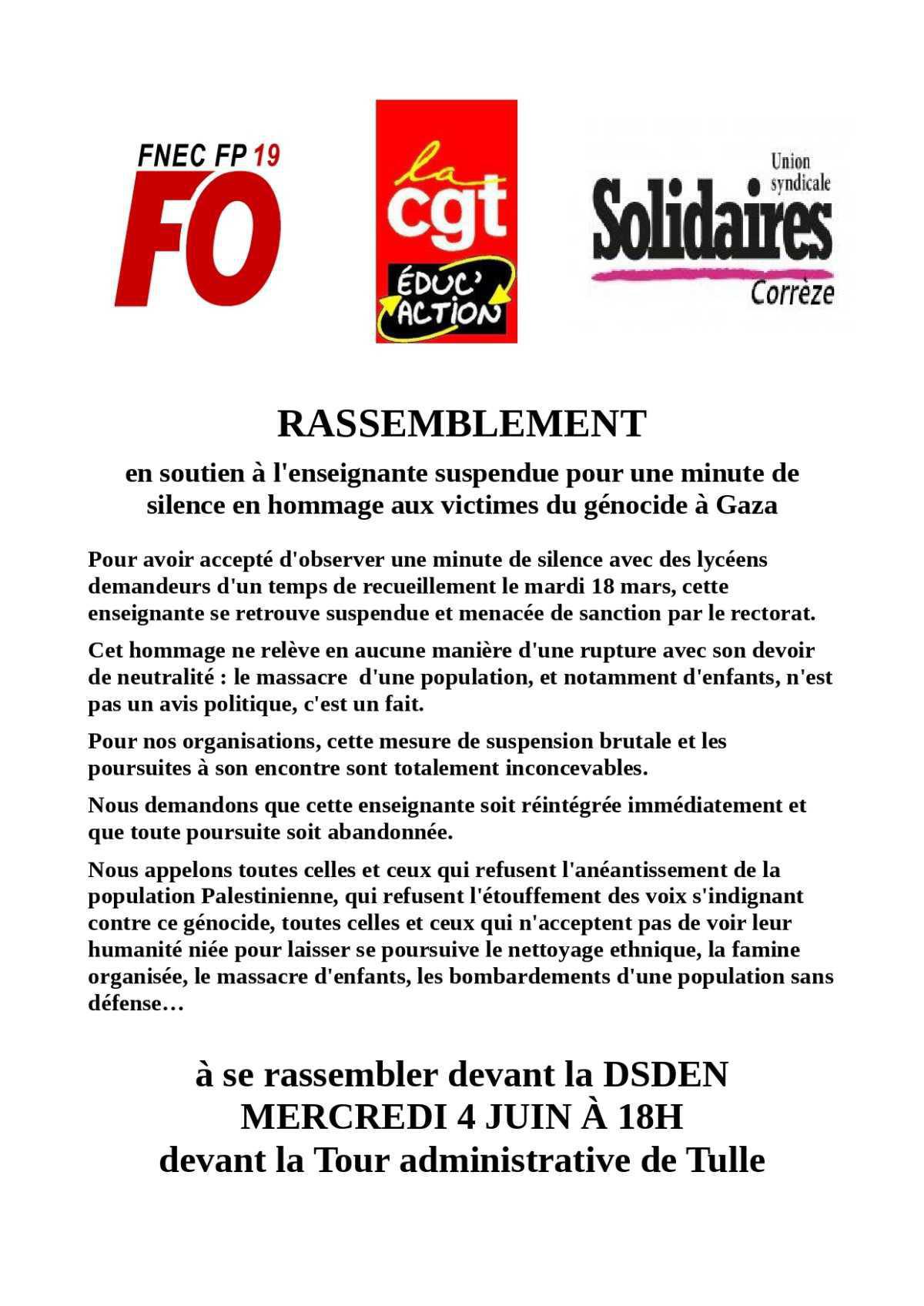 Soutien à la camarade enseignante de Sens