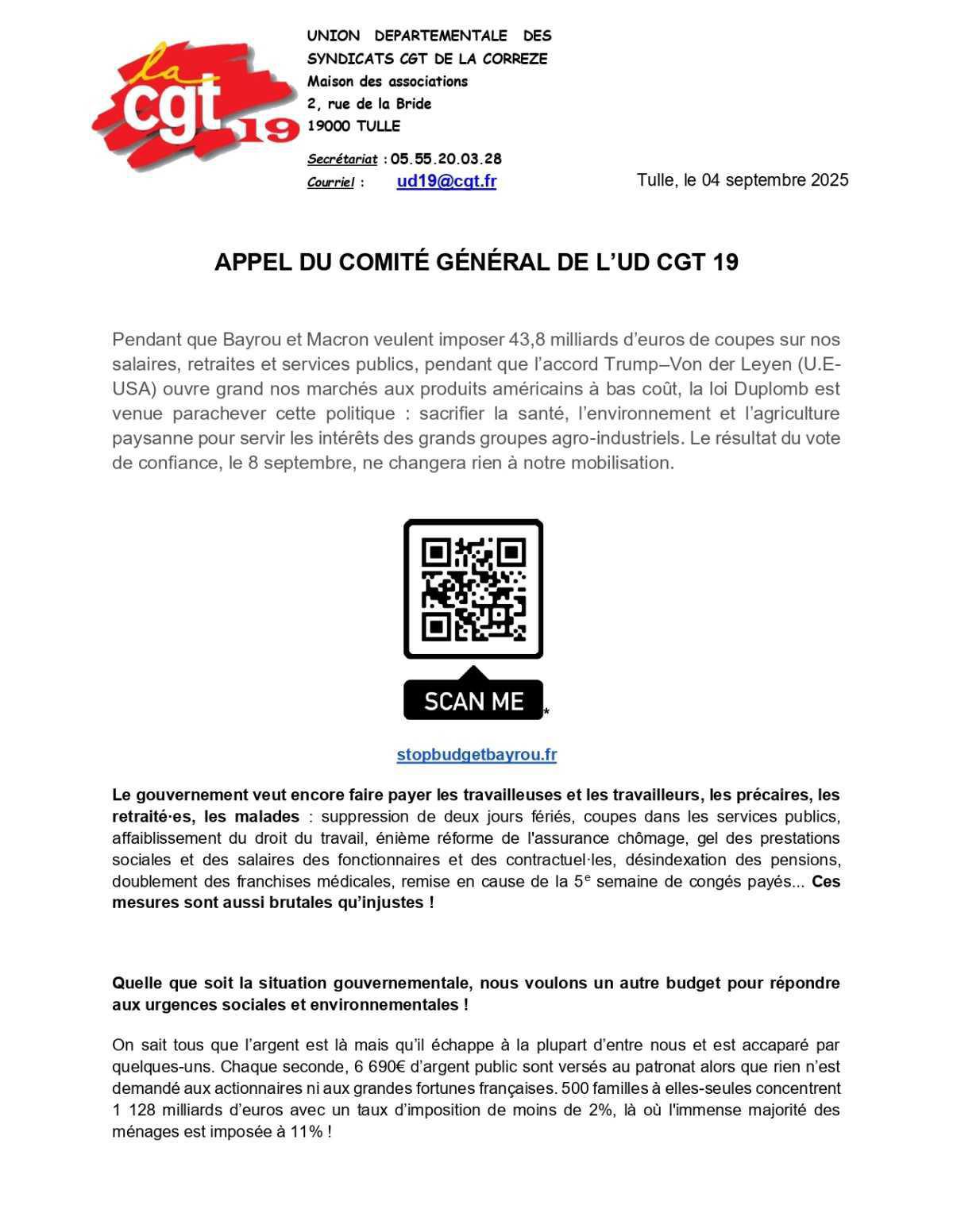 Appel du Comité Général UD CGT CORRÈZE 