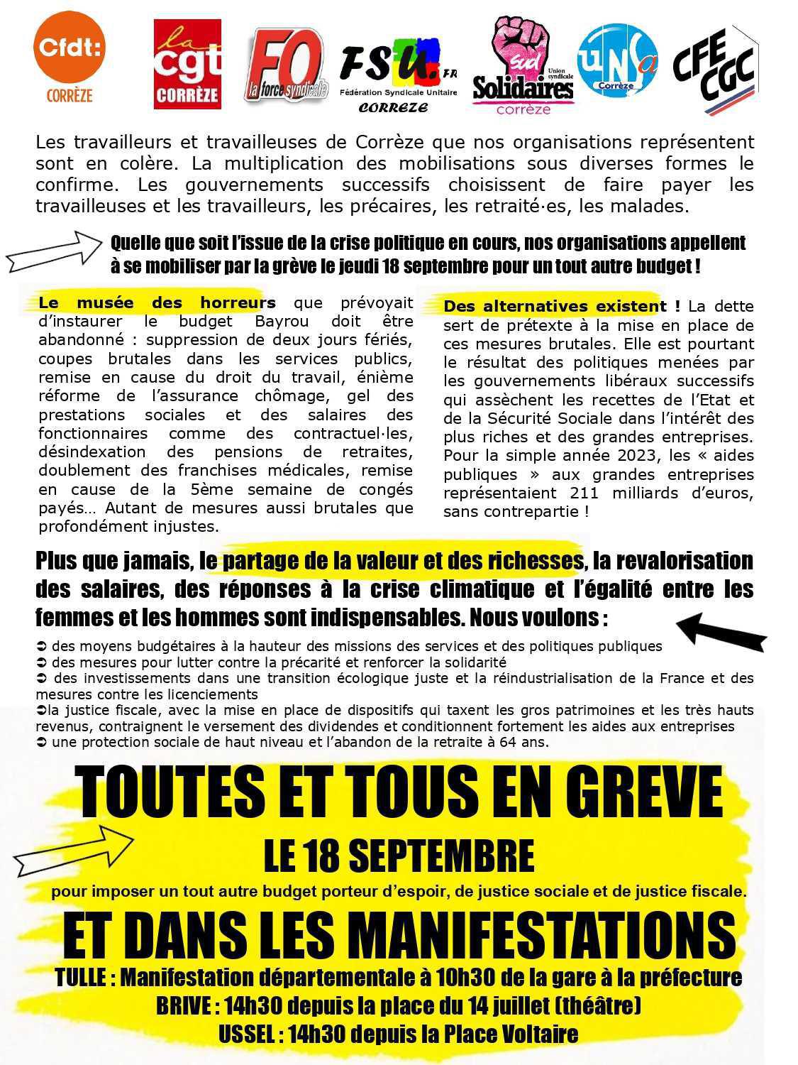 18/09 Journée de manifestations intersyndicales 18/09 Journée de manifestations intersyndicales