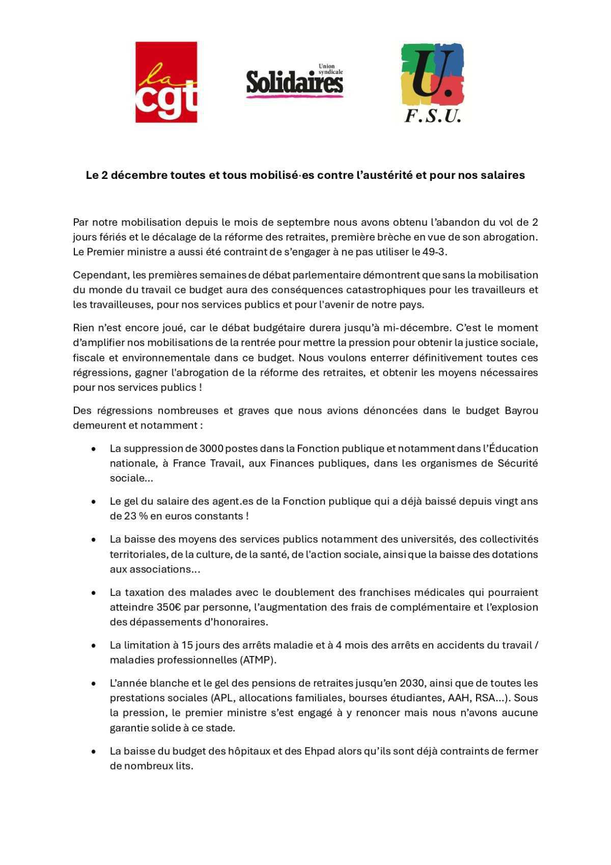 Le 2 décembre toutes et tous mobilisé·es contre l’austérité et pour nos salaires Le 2 décembre toutes et tous mobilisé·es contre l’austérité et pour nos salaires
