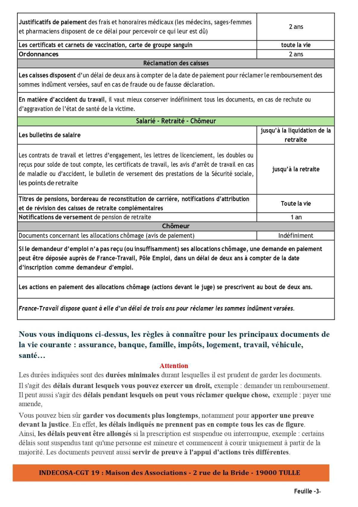 INDECOSA : Durée de conservation des documents