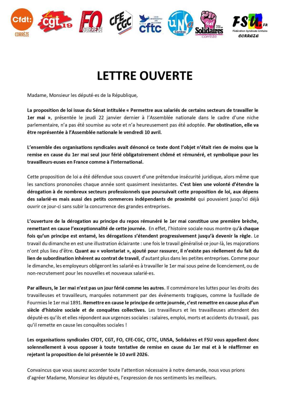 Pas touche au 1er mai ! Lettre ouverte des syndicats aux députés corréziens